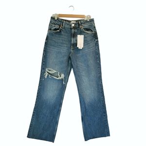 Zara Hi Rise Wide Leg Full Length Distressed Denim Jeans Rigid 100% Cotton